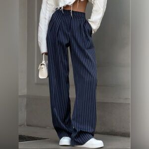 Pinstripe Pleated Wide-Leg Pants